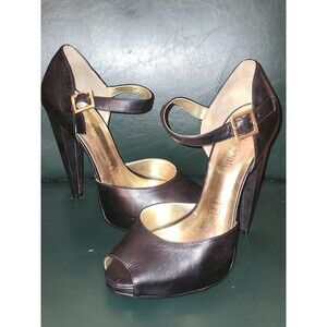 Cathy Jean Brazil Black Leather Stiletto Peep Toe Strap Closure Heels Size 9